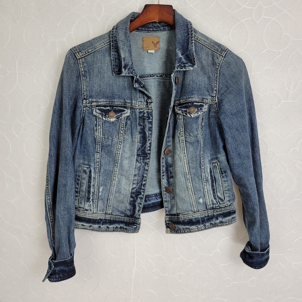 American Eagle Outfitters Light Blue Distressed Denim Jacket